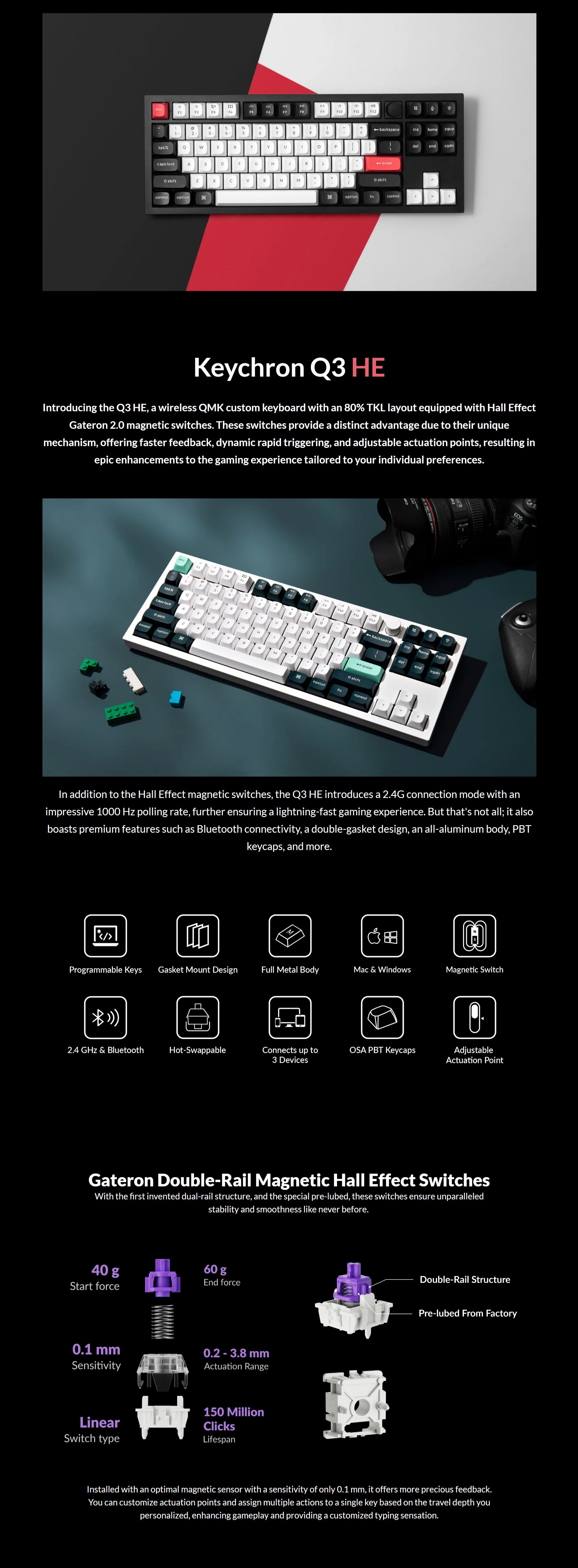 A large marketing image providing additional information about the product Keychron Q3 HE - TKL QMK Wireless Custom Mechanical Keyboard - Black (Gateron Double-Rail Magnetic Nebula Switch) - Additional alt info not provided